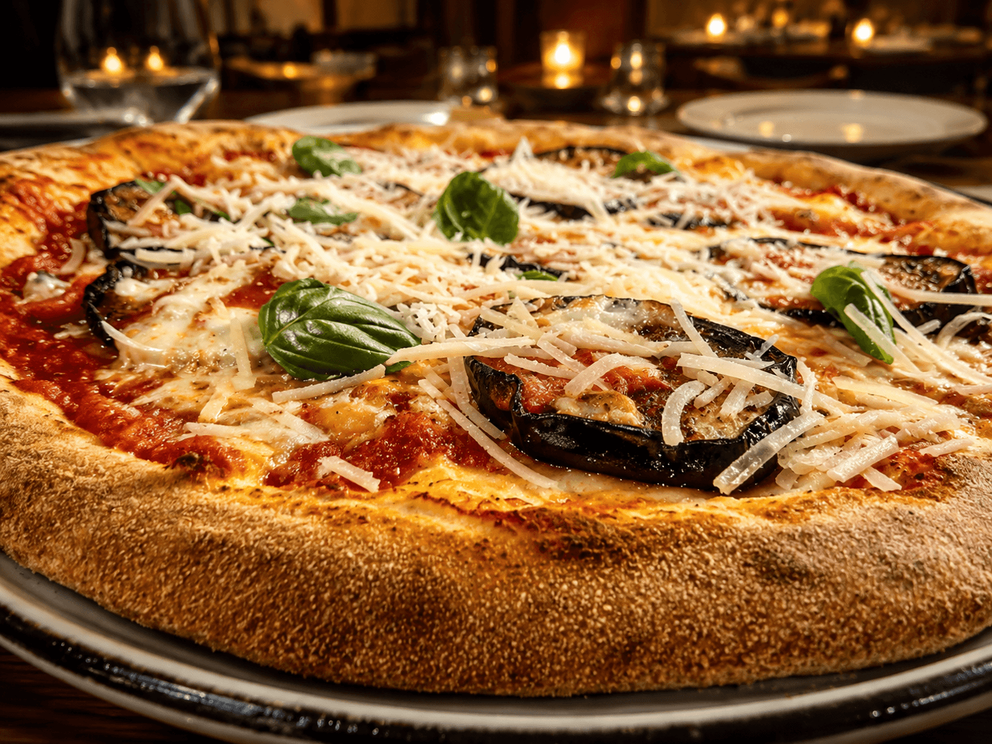 Dettaglio di una pizza TERA con melanzane, basilico e formaggio grattugiato