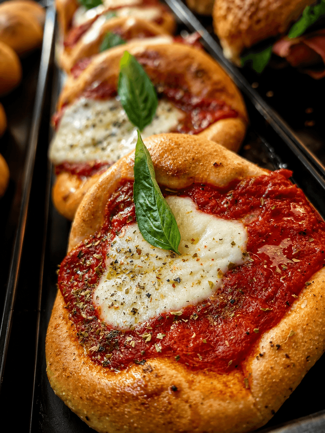 Pizzette TERA con pomodoro, mozzarella e basilico appena sfornate