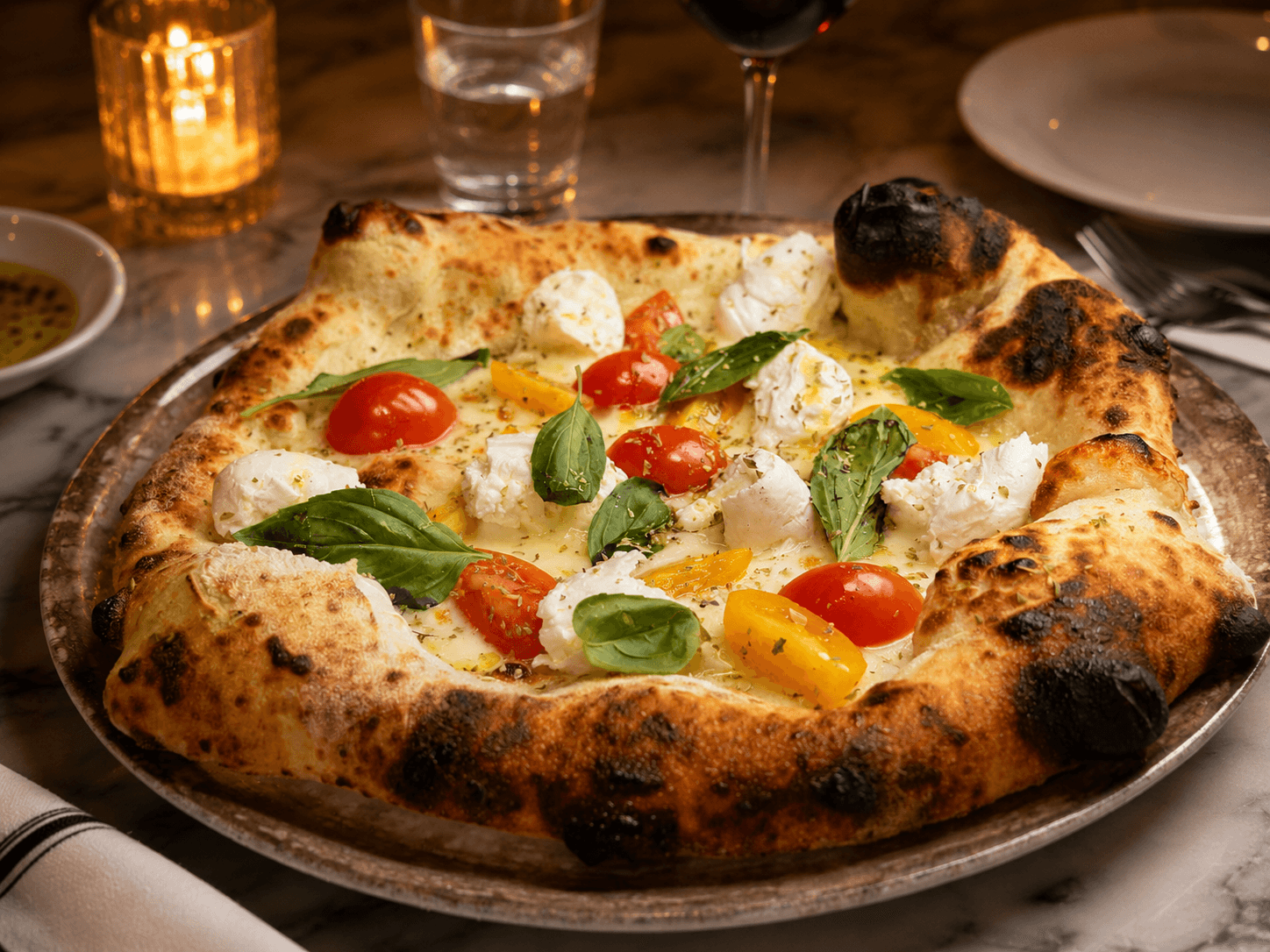 Pizza Caprese di Timilia: fiordilatte alla base, bufala a crudo in uscita, pomodoro fresco, basilico e olio extravergine di oliva