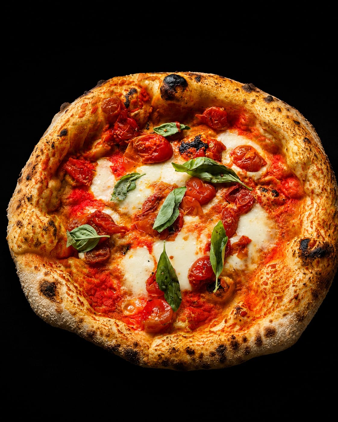 Pizza A Bufalina di Timilia: salsa di pomodorino siccagno, bufala DOP, pomodorino confit, olio EVO e basilico