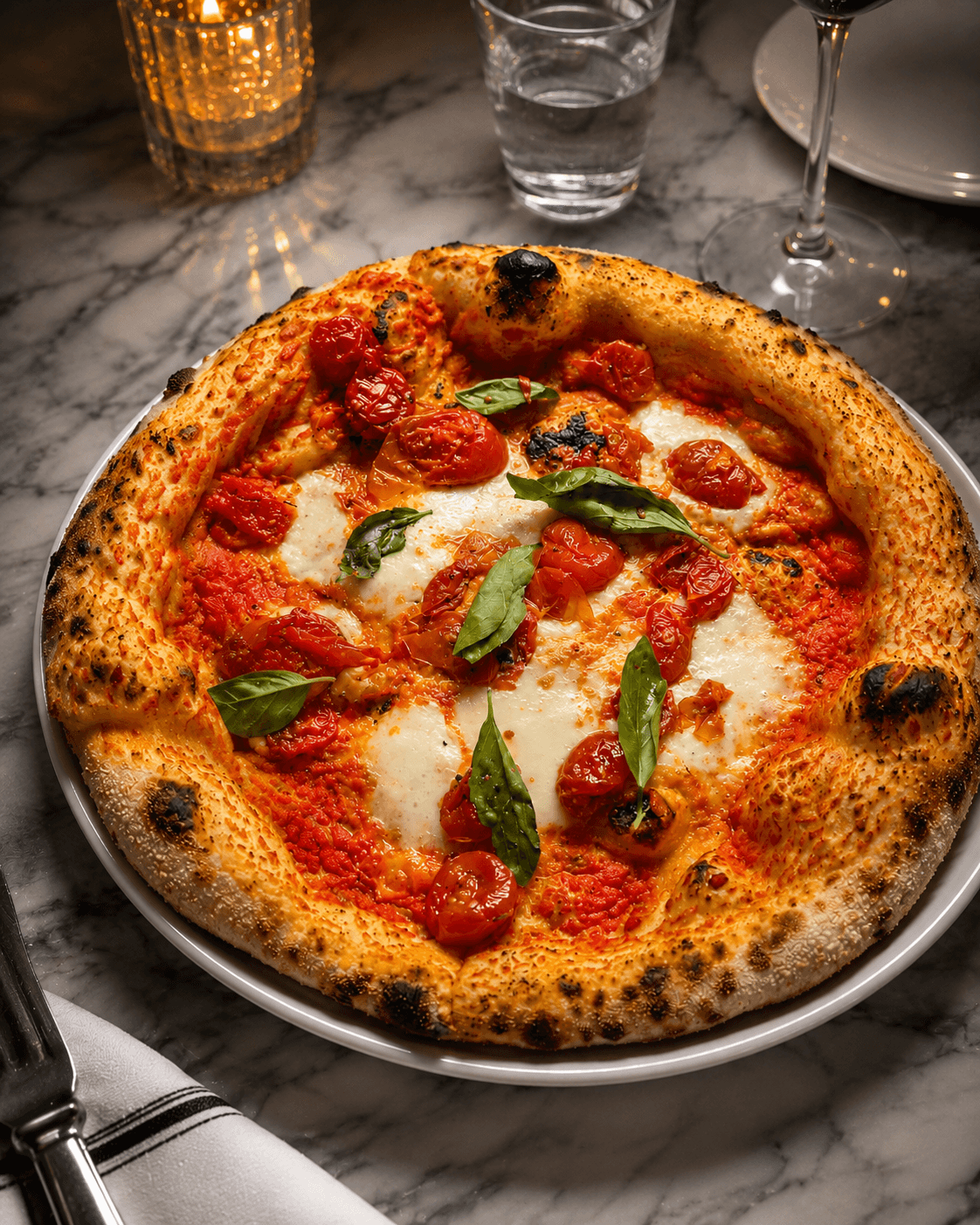 Pizza A Bufalina di Timilia: salsa di pomodorino siccagno, bufala DOP, pomodorino confit, olio EVO e basilico