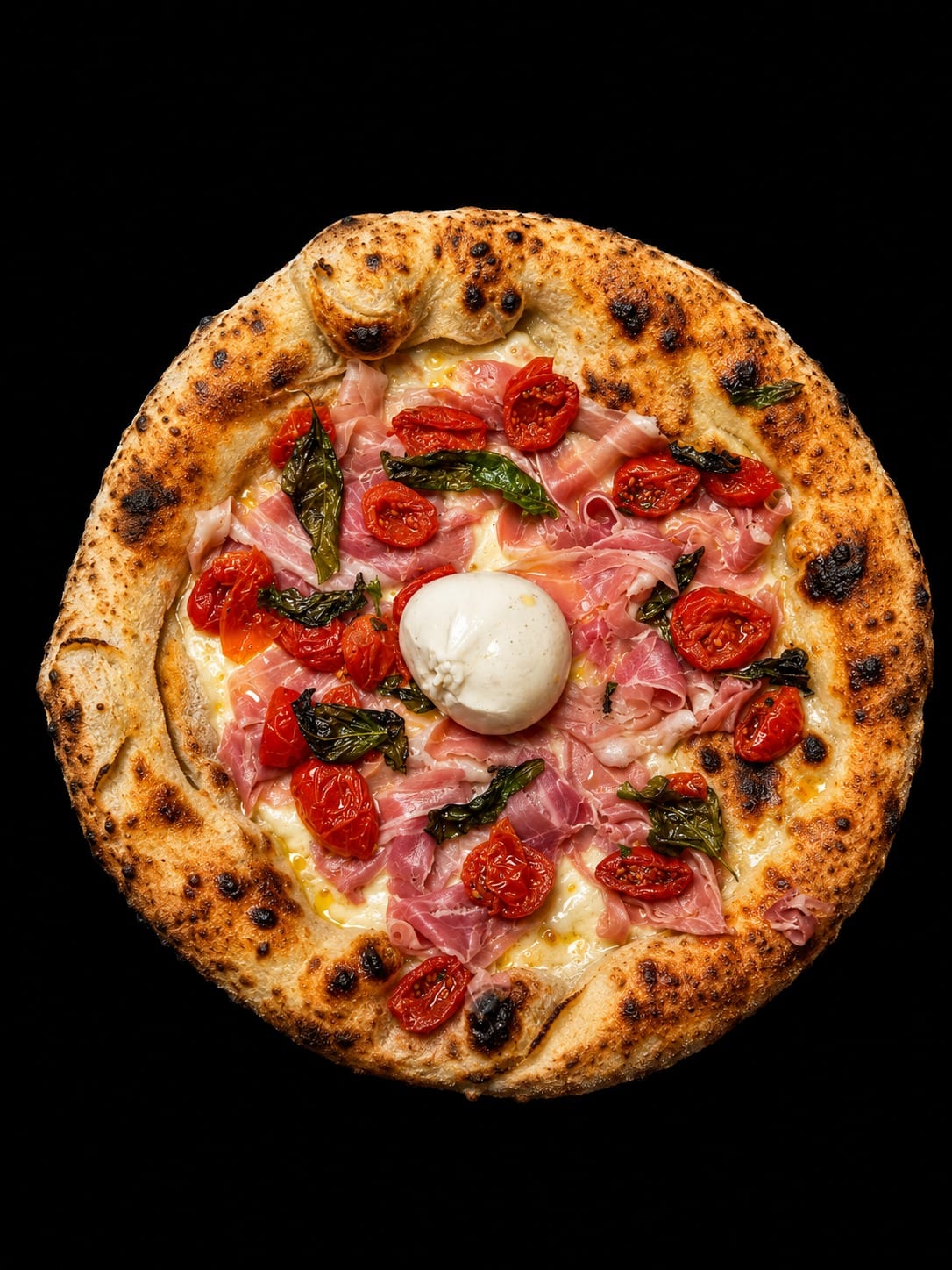 Pizza Camurria di Timilia: fiordilatte belmontese e, in uscita, prosciutto crudo 30 mesi, burrata, pomodorini confit, basilico cristallizzato e miele di acacia