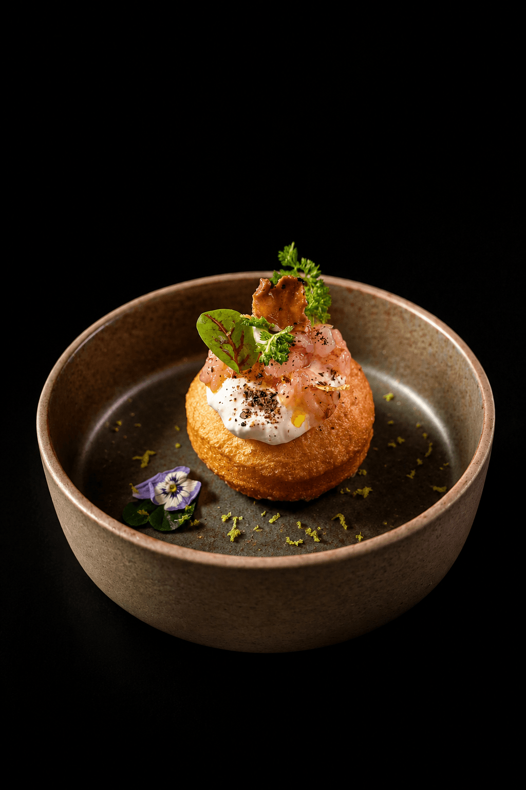 Piccolo lievitato fritto con stracciatella, tartare e fiori eduli in ciotola artigianale