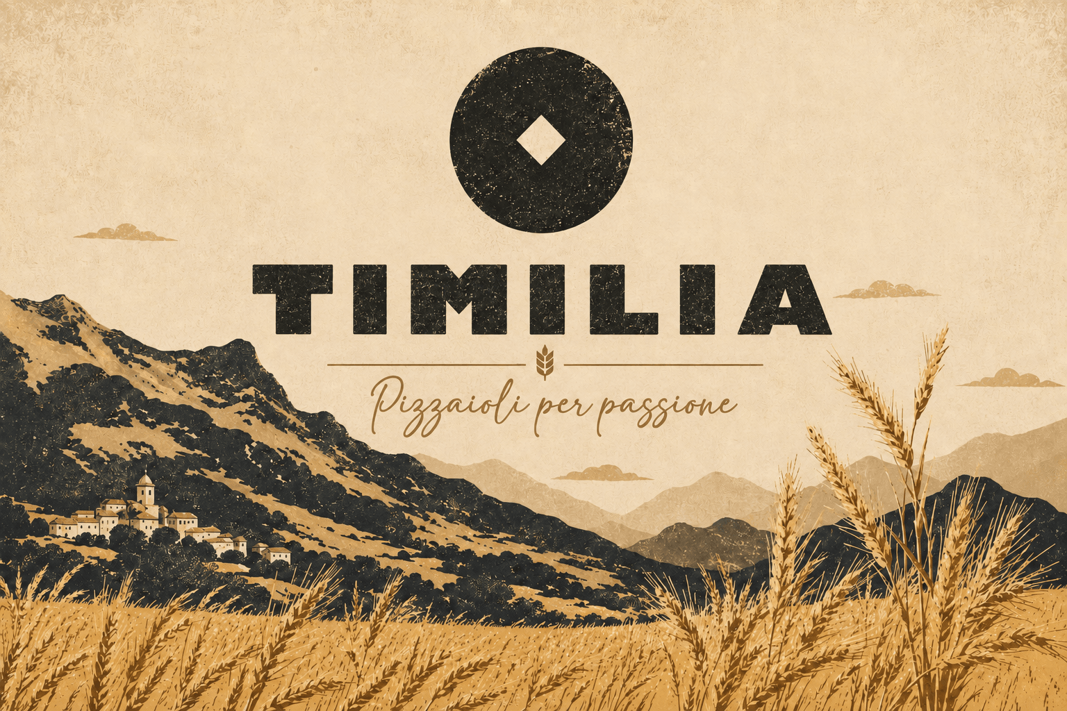 Illustrazione Timilia: campo di grano siciliano, colline e il marchio Pizzaioli per passione