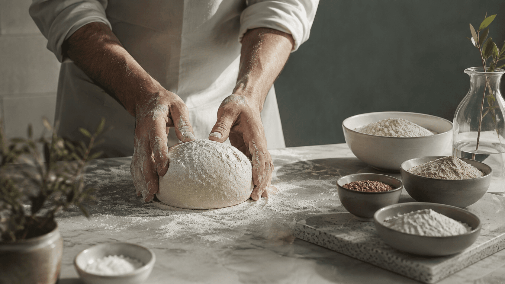 Mani che lavorano la farina sopra una ciotola: l'impasto TERA prende forma